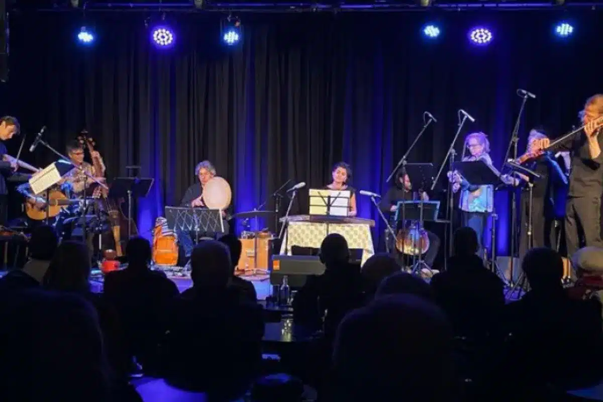 Adelaide Baroque ensemble on stage with santur, strings and percussion under blue lighting