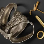 A pair of gold earrings, a gold ring, and a gold bracelet displayed elegantly on a soft fabric background.