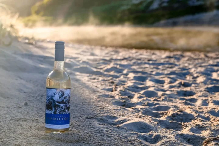 A bottle of wine resting on the sand beside gentle waves lapping at the shore.