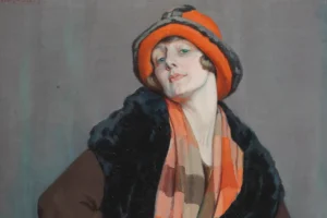 A painting of a woman wearing an orange hat and scarf, showcasing her vibrant style and warm expression.