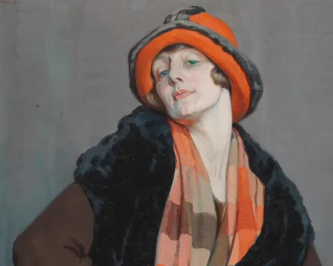 A painting of a woman wearing an orange hat and scarf, showcasing her vibrant style and warm expression.