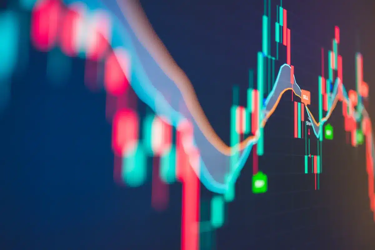 Stock chart featuring colorful lines and graphs representing market trends and data fluctuations.