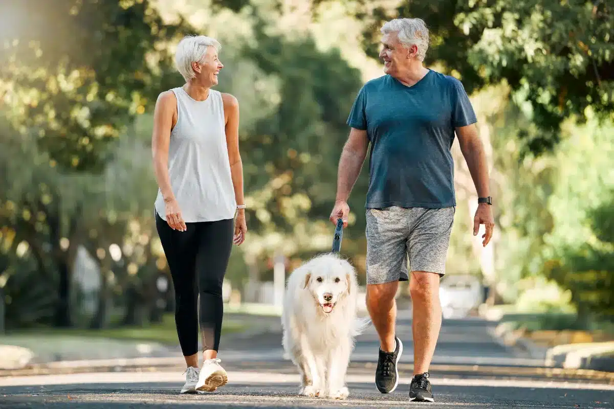 An older couple walks their dog along a paved road, enjoying a sunny day together.