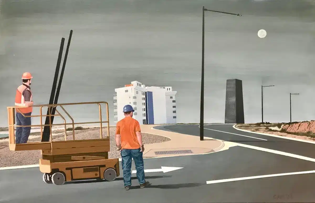 A painting depicting two men working together on a construction site, surrounded by building materials and equipment.
