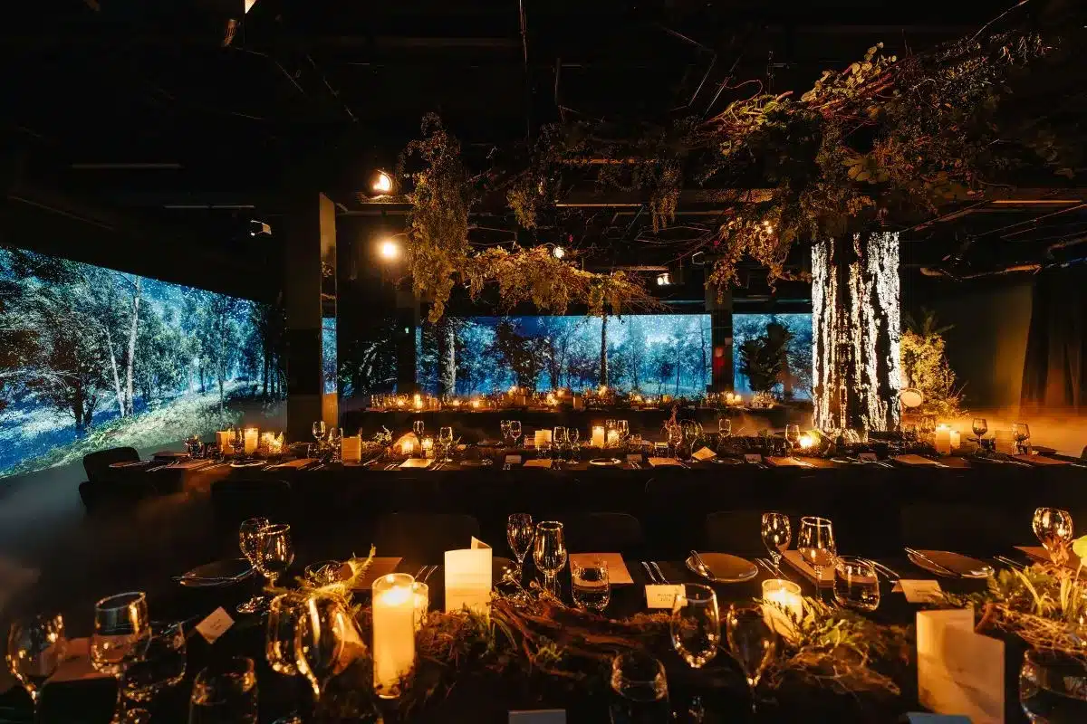 A spacious room featuring a large screen displaying a vibrant forest scene.