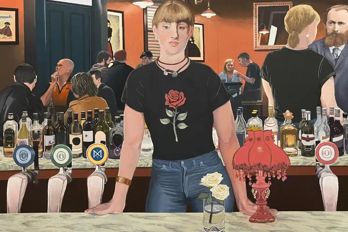 A painting depicting a man standing behind a bar, with bottles and glasses arranged on the counter.