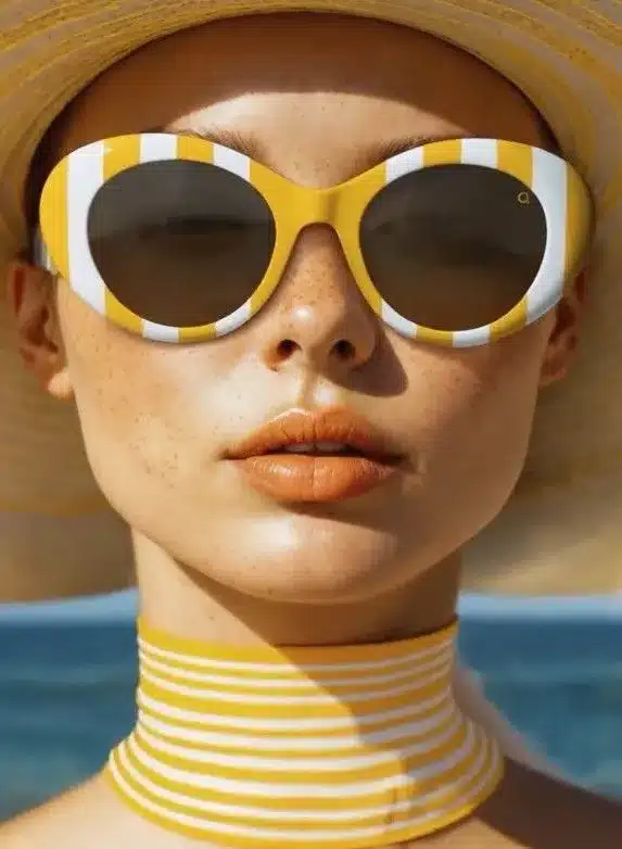 A woman in sunglasses and a hat relaxes on the beach, enjoying the sunny weather and ocean view.
