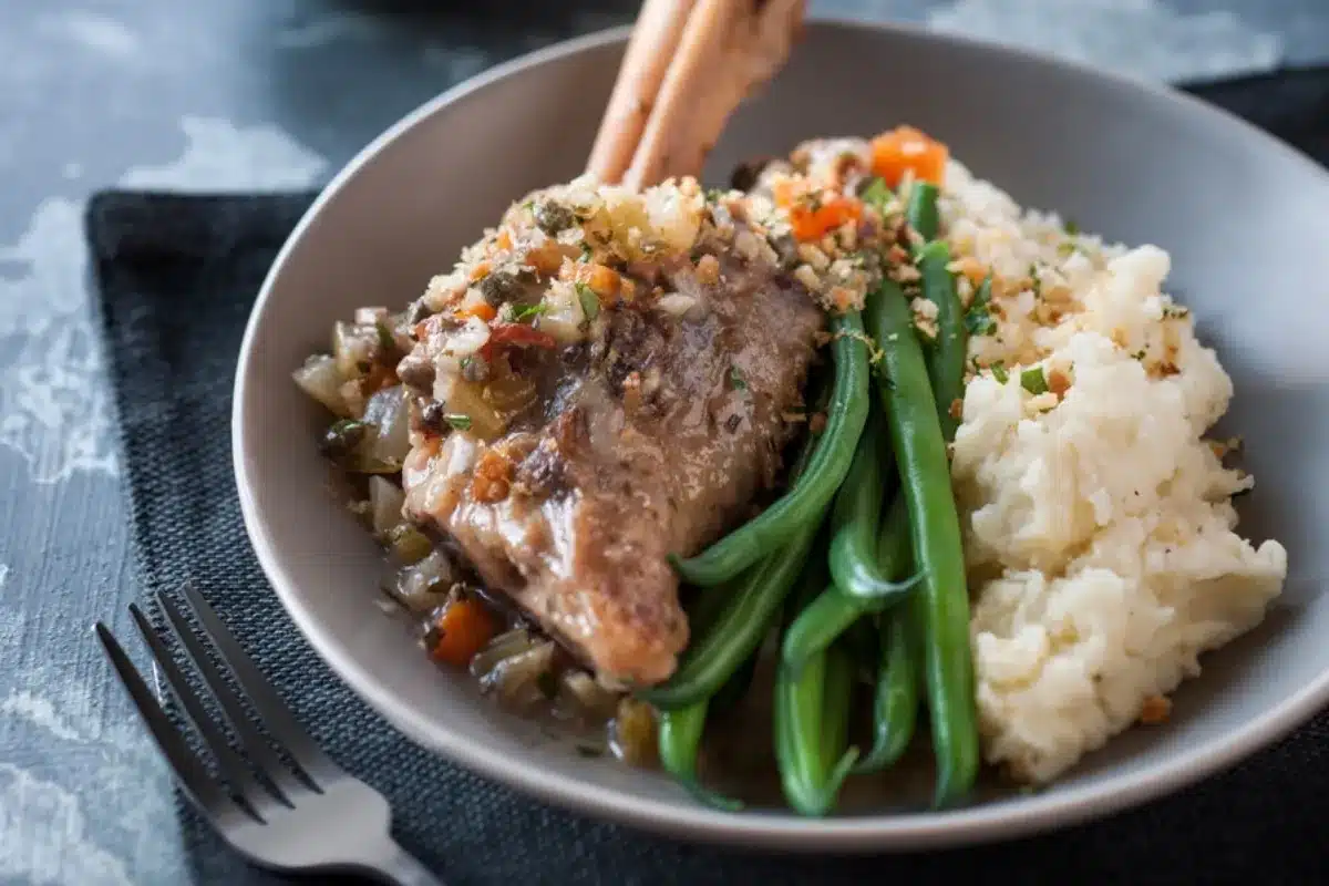 A plate featuring creamy mashed potatoes, steamed green beans, and a portion of meat, arranged appetizingly.