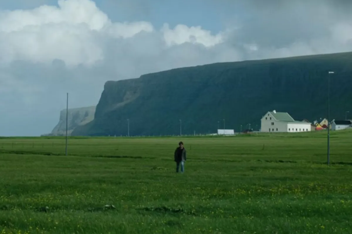A man stands in a field with a mountain rising majestically in the background.