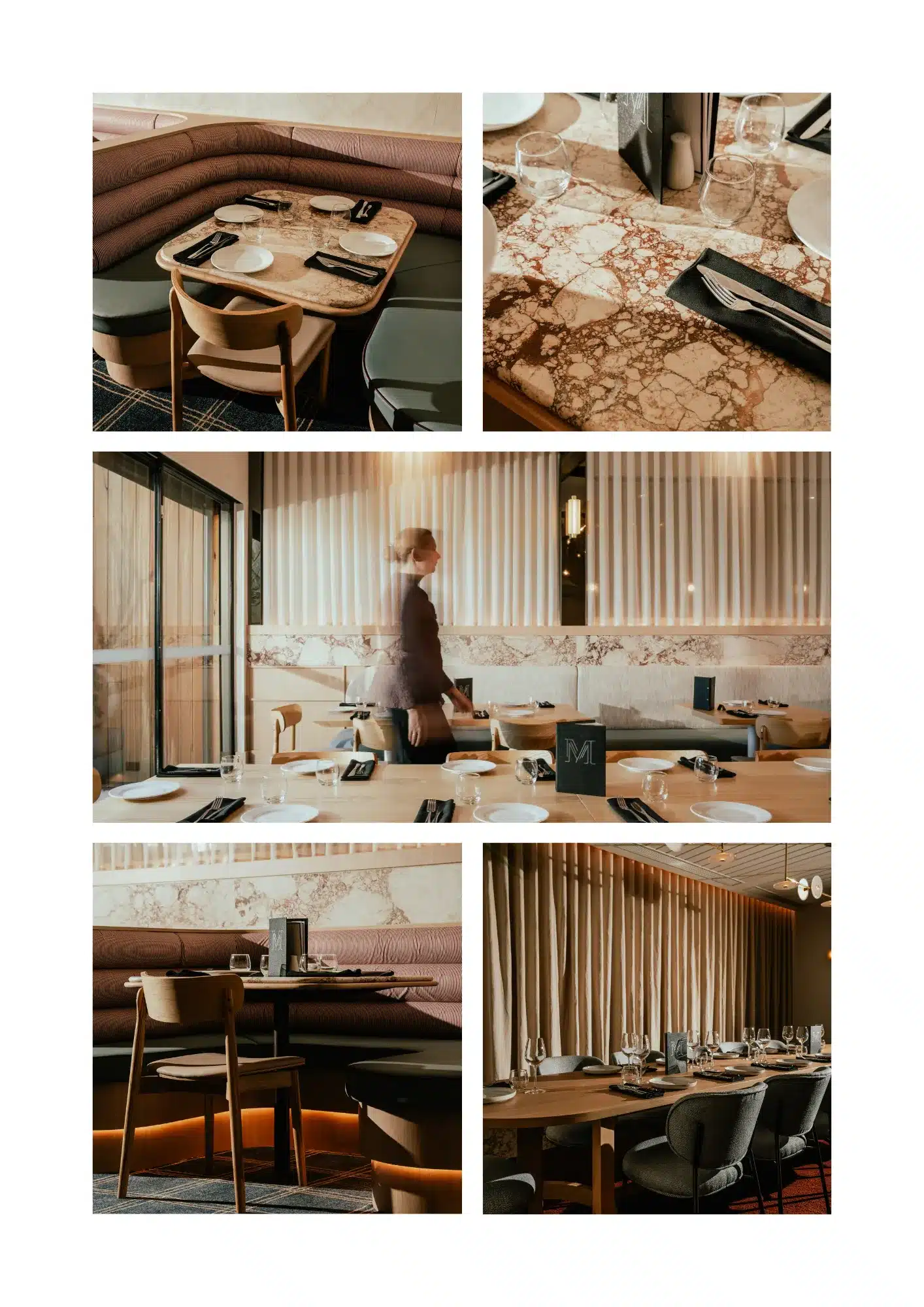 A collage showcasing various angles of a restaurant's interior, highlighting decor, seating, and ambiance.