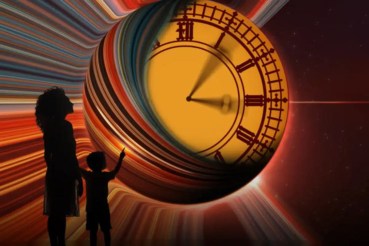 A woman and a child stand together in front of a large clock, both looking up at the time displayed.