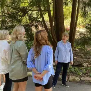 A group of women converses in a park, surrounded by greenery and trees, enjoying a sunny day together.