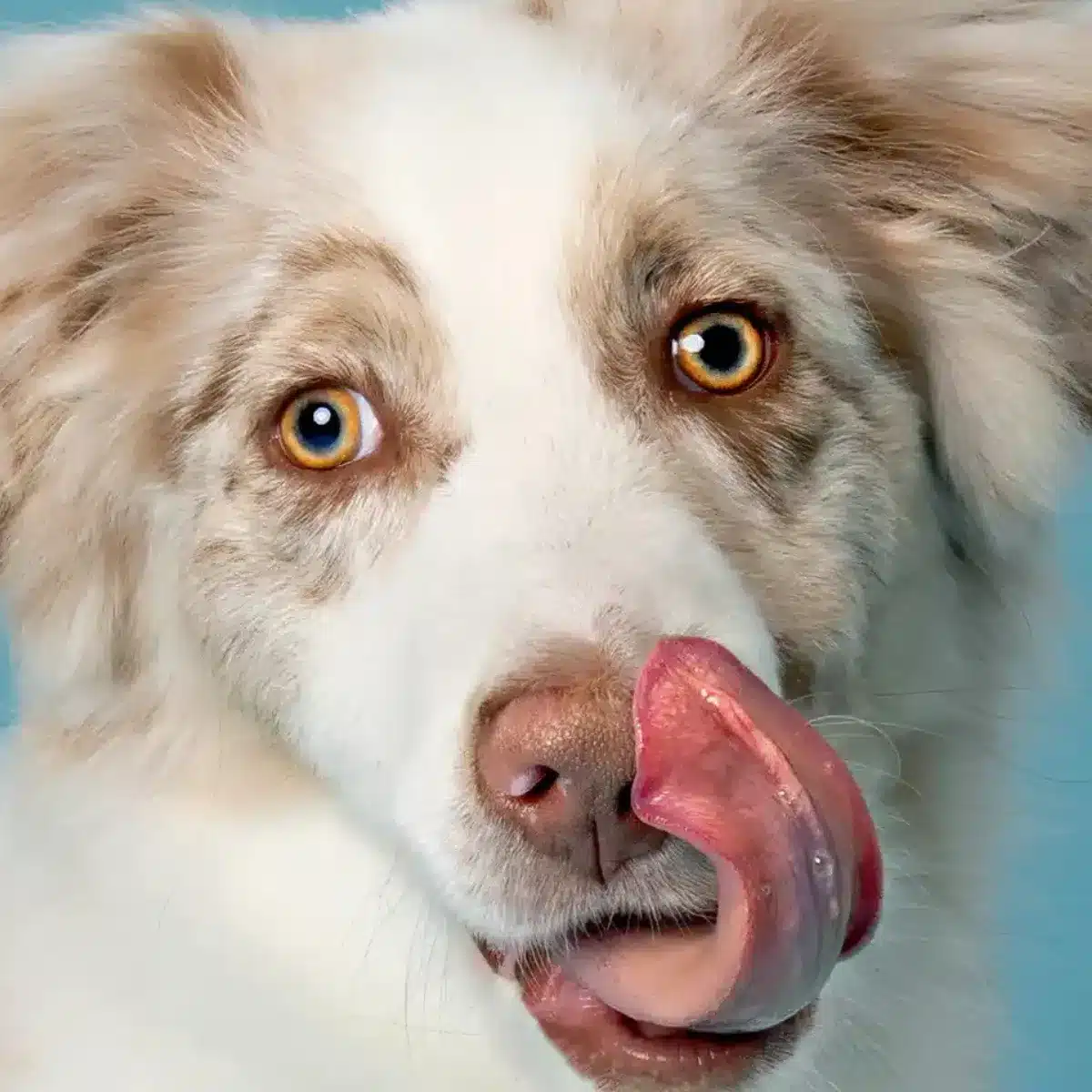 Australian shepherd dog with its tongue out, displaying a playful and cheerful expression.