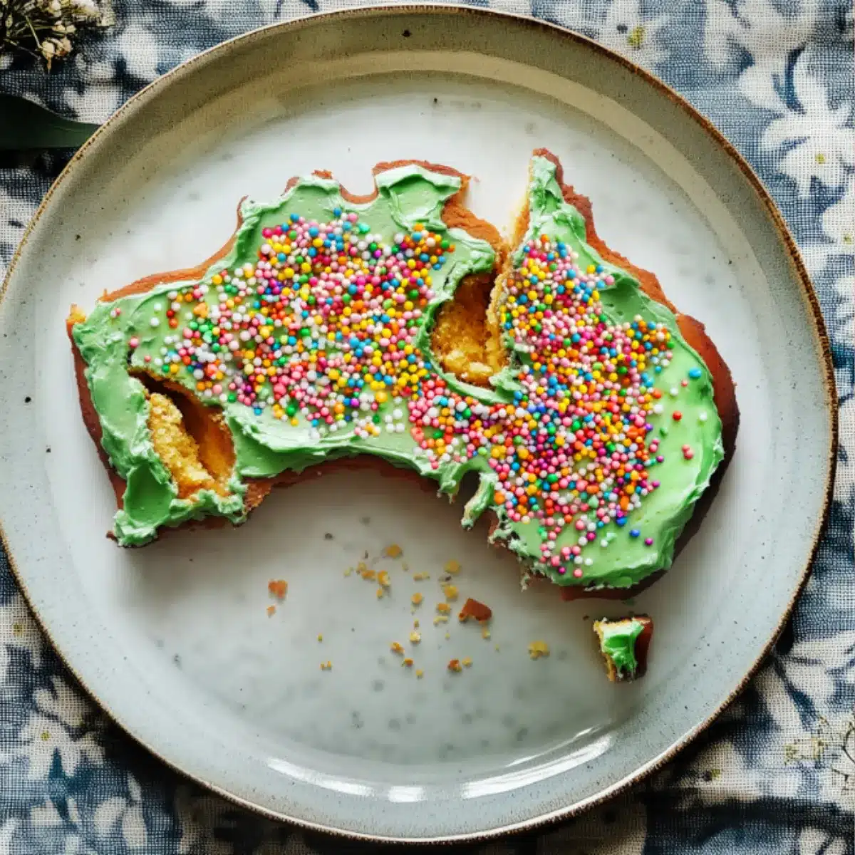 Australia-themed cake decorated with vibrant green icing and colorful sprinkles on top.