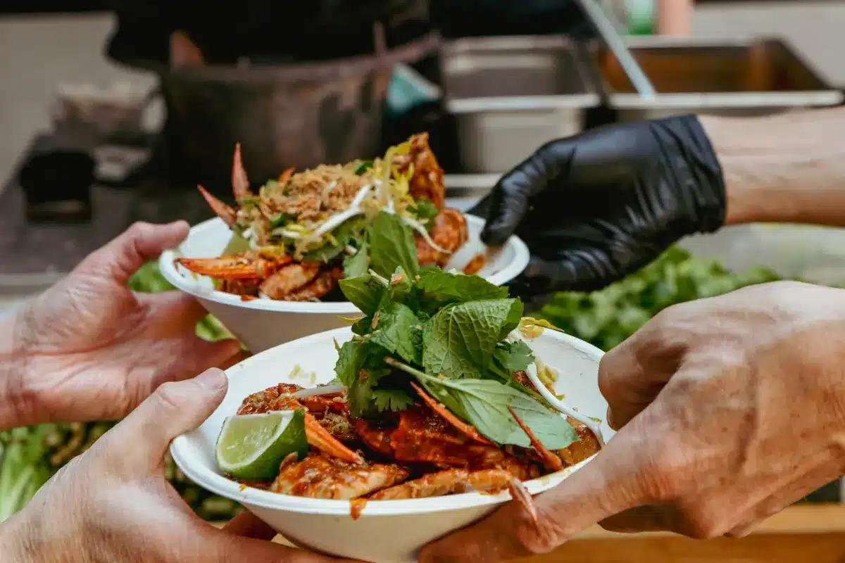 Hands holding two plates of colorful food, garnished with a fresh green leaf, against a neutral background.