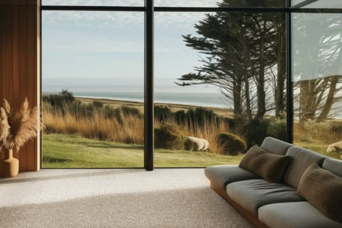 A cozy living room featuring large windows that showcase a stunning view of the ocean.