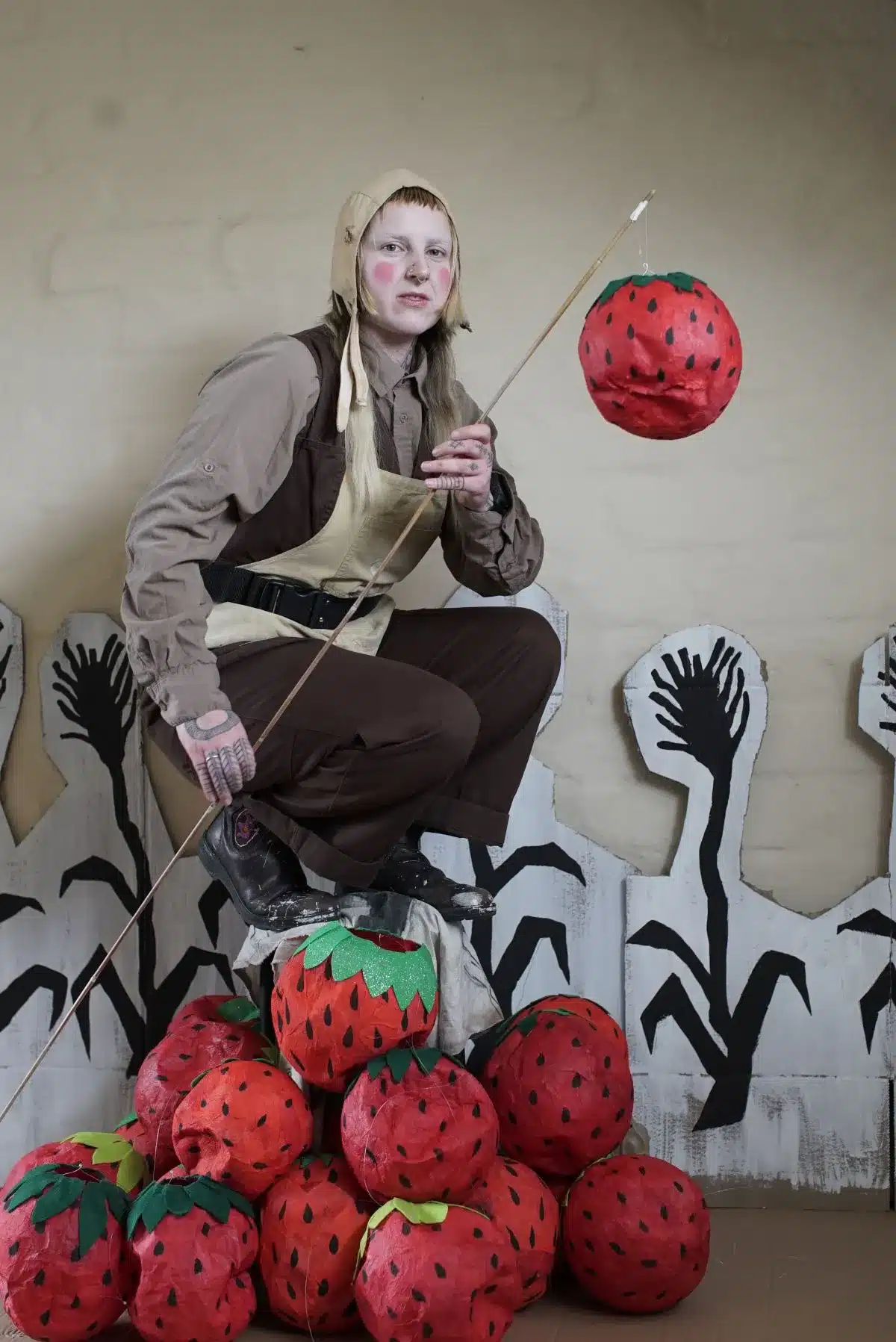 A puppeteer sits on the ground surrounded by a pile of strawberries.