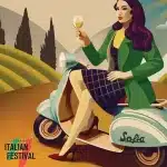 Italian festival poster featuring a woman riding a scooter, vibrant colors and festive design highlight the event's theme.