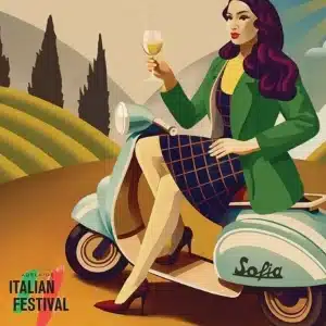 Italian festival poster featuring a woman riding a scooter, vibrant colors and festive design highlight the event's theme.