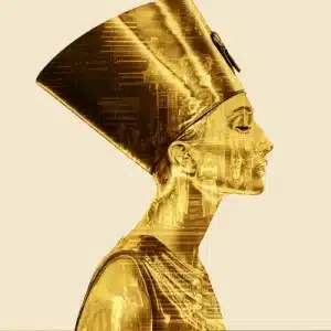 A golden Egyptian queen is depicted in the background, showcasing her regal attire and majestic presence.