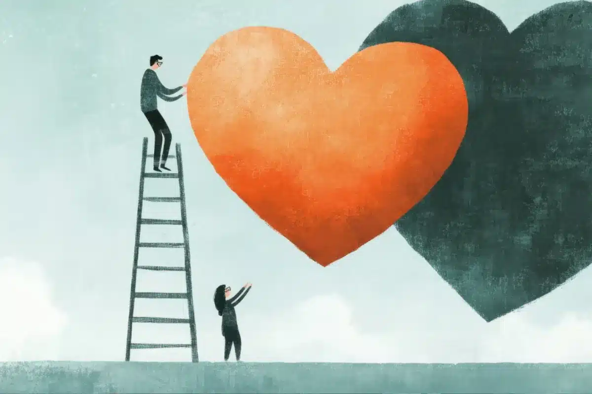 Two individuals on a ladder, lifting a large heart symbolizing love and unity.