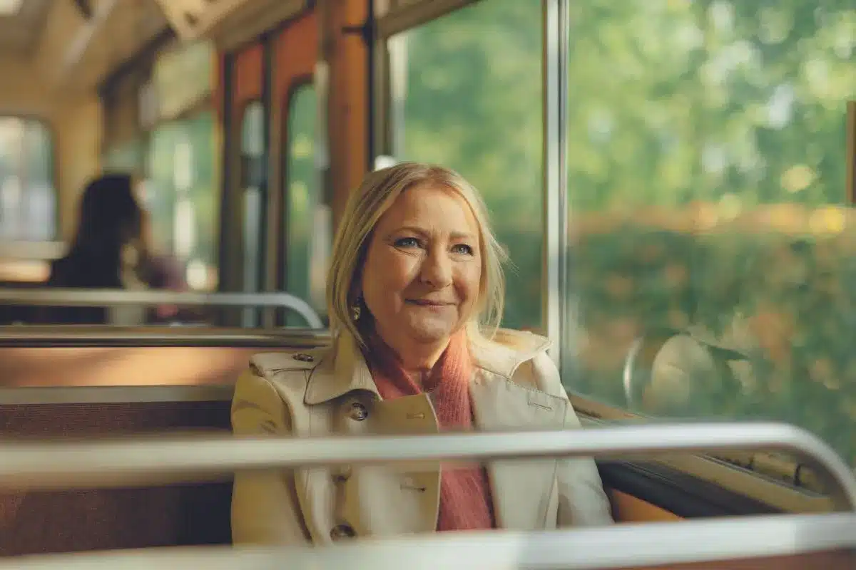 A woman on a bus smiling.