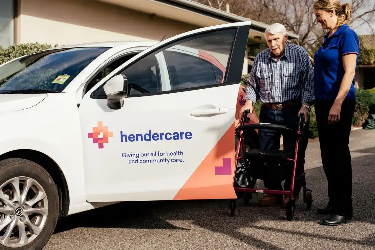 Hendercare home care services logo featuring a caring hand symbol and text promoting support for individuals at home.