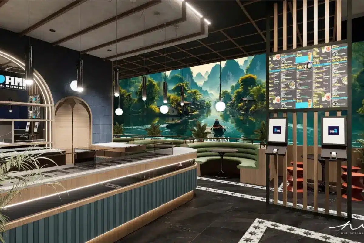 A restaurant interior featuring a large, colorful mural on the wall, enhancing the dining atmosphere.