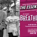 A poster promoting a film series called the Essentials featuring a man and a woman walking in the street from the title film Breathless