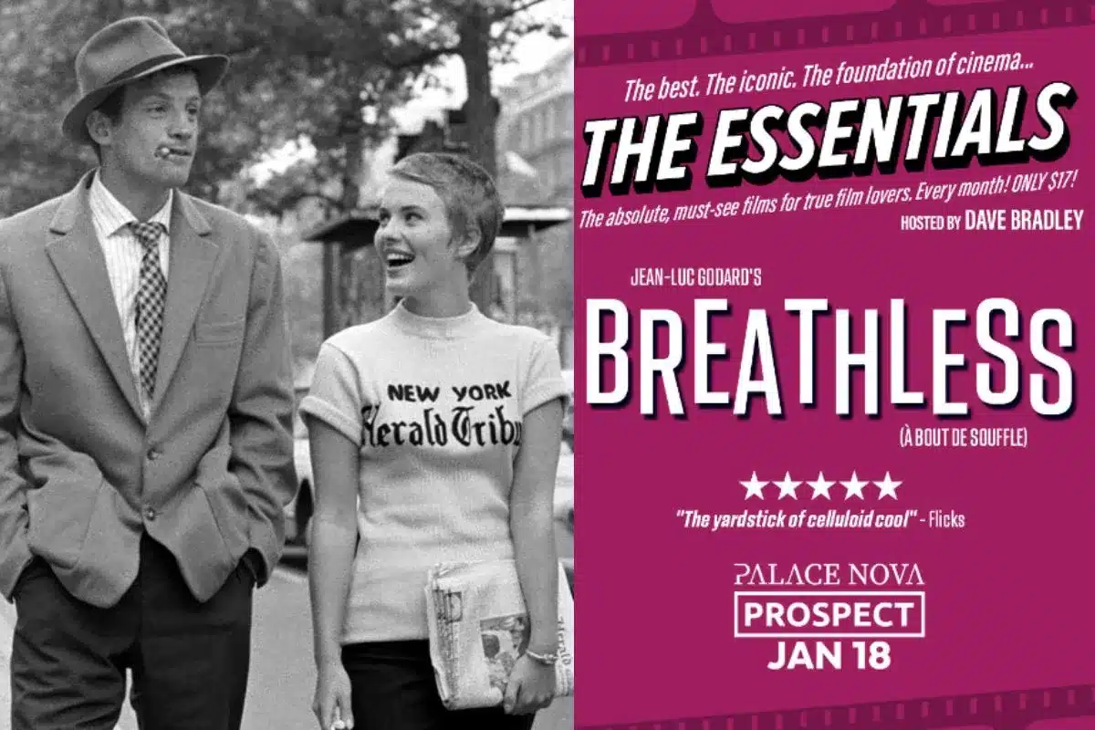 A poster promoting a film series called the Essentials featuring a man and a woman walking in the street from the title film Breathless