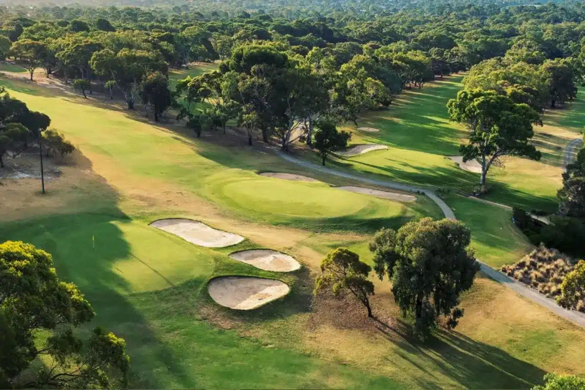 Aerial view of a lush golf course featuring manicured grass and scattered trees under a clear blue sky.