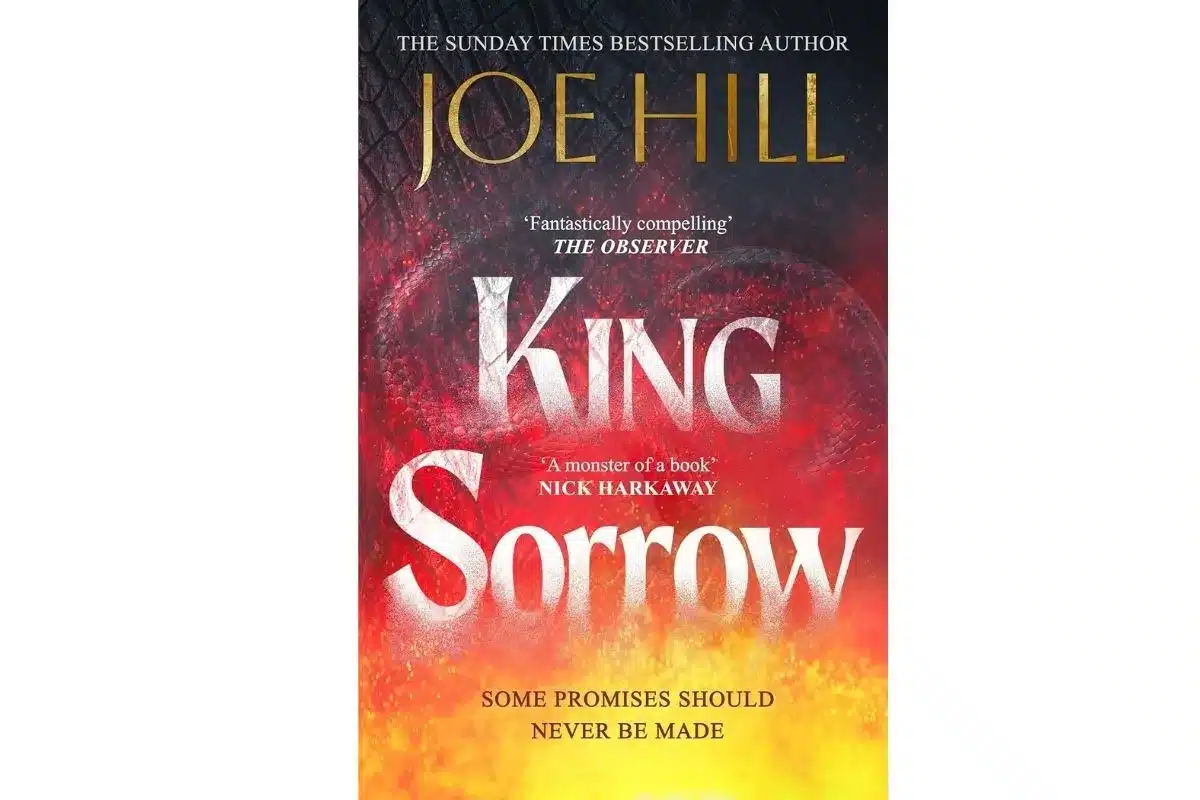 Cover of "King Sorrow" by Joe Hill, featuring dark, moody artwork with a haunting figure and ominous colours.