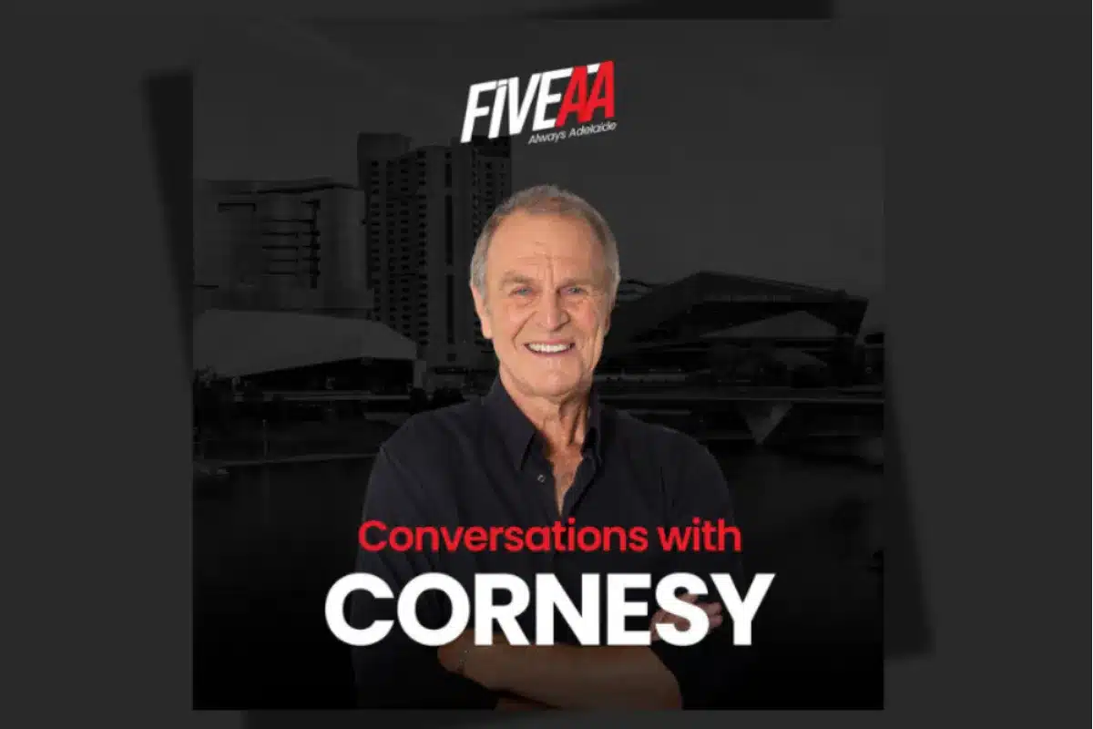 Advert for 5AA Conversations with Cornesy featuring a portrait of a man smiling