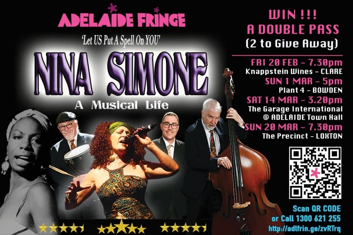 Flyer for Nina Simone's musical show featuring vibrant colors and bold text highlighting the event details.