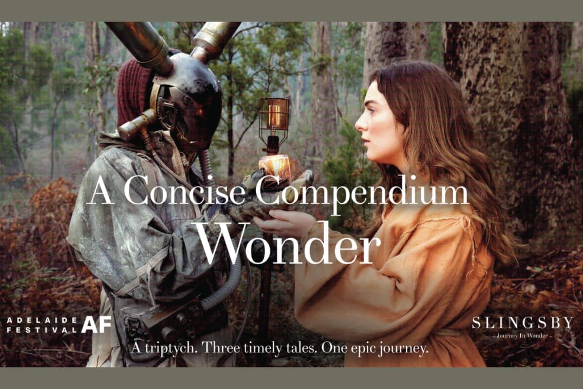A woman in a costume offers an apple to a man in a costume, both engaged in a playful exchange advertising poster for A Concise Compendium of Wonder