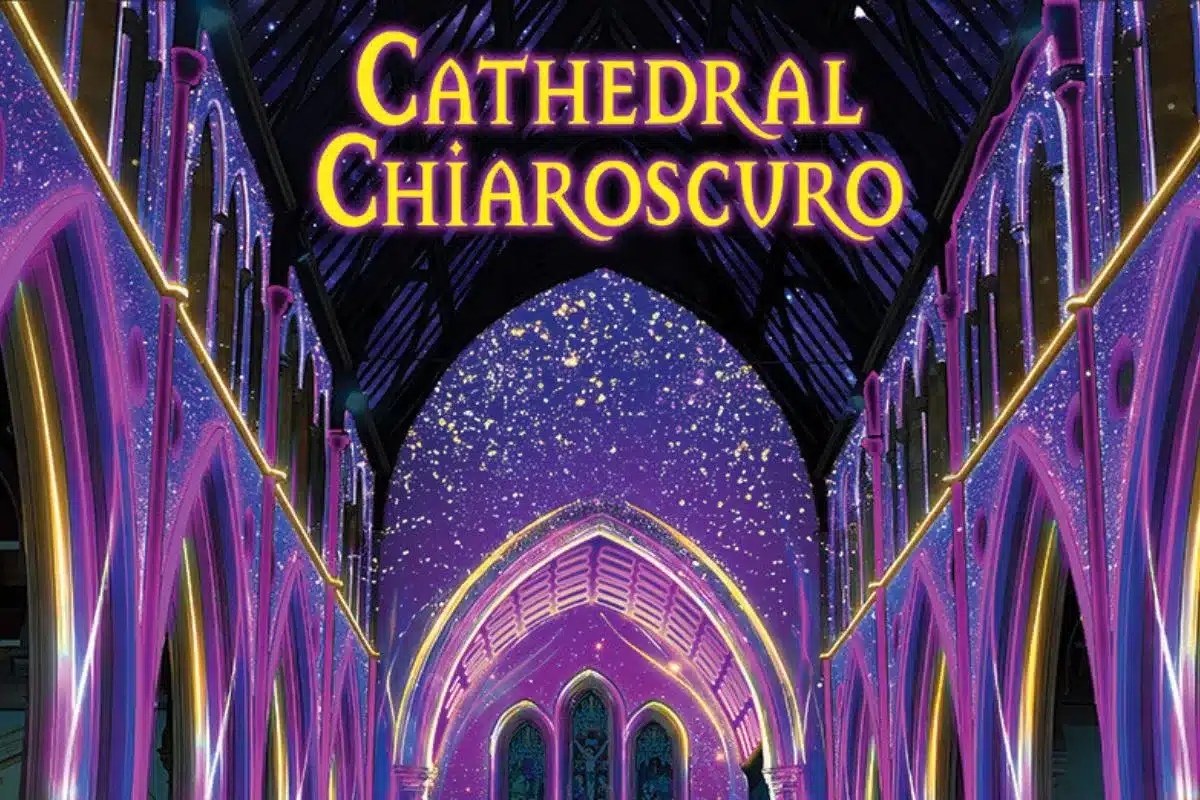 Cover of "Cathedral Chiaroscuro," featuring intricate light and shadow play on a gothic cathedral facade