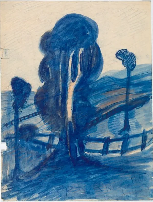 Merric Boyd, Trees and post-and-rail fence, date unknown, pencil and coloured pencil on paper. Bundanon Collection. Photo: Rob Little.