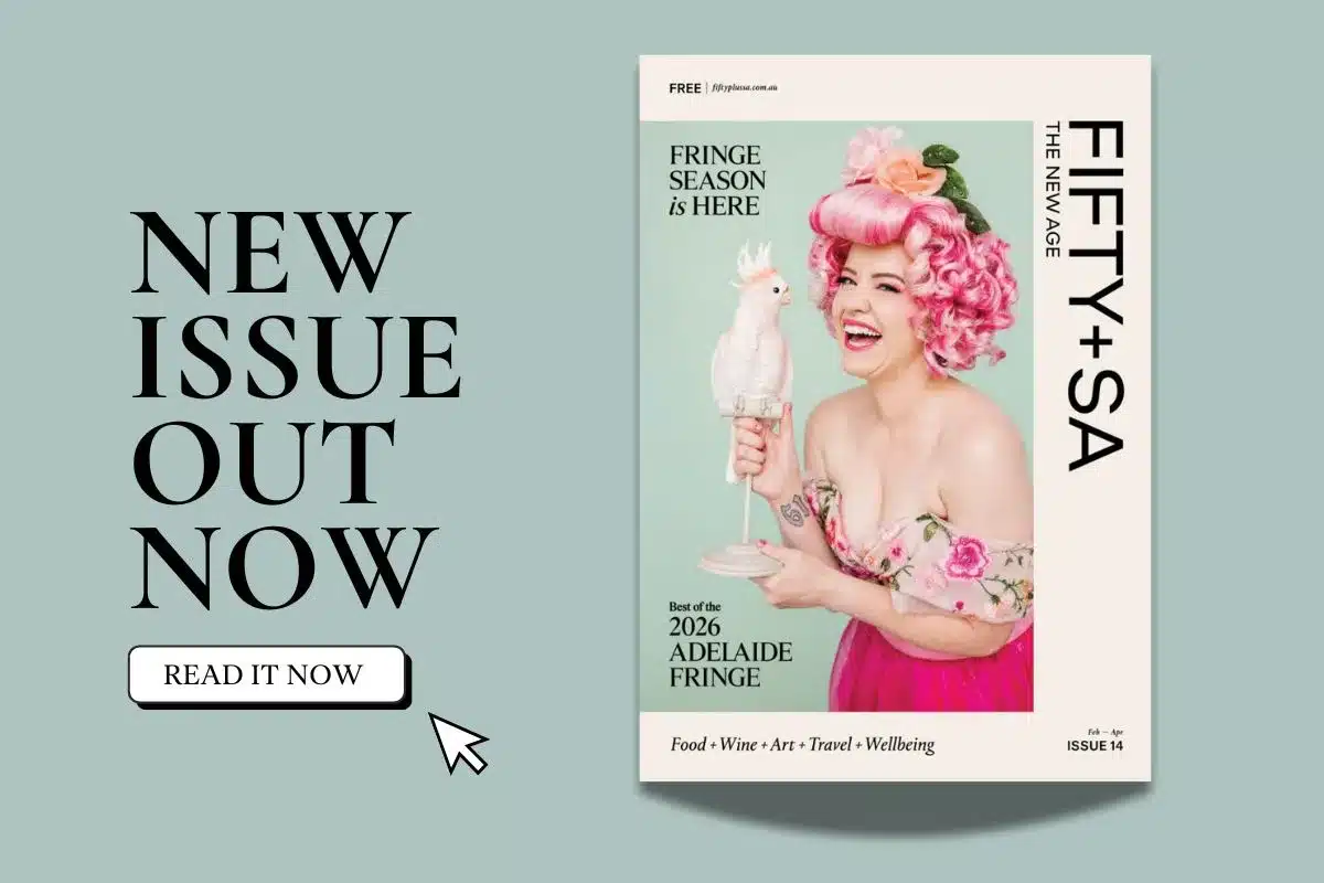 The cover of FIFTY+SA magazine highlights a woman with pink hair, representing bold and creative aesthetics.