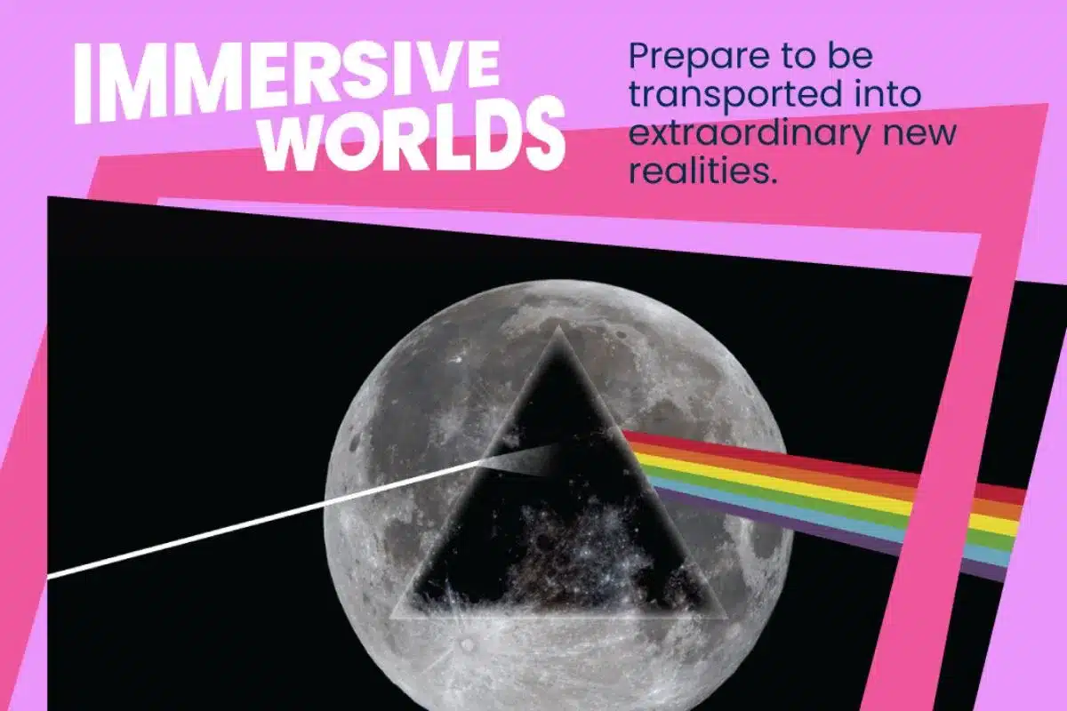 A poster for Immersive Worlds featuring a moon with a triangle famously Dark Side of the Moon album cover