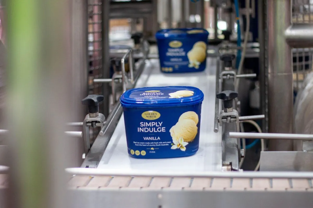 Tub of Golden north ice cream on the production line.