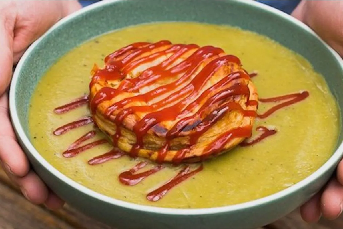 South Australian delicacy - the pie floater, meat pie in mushy pea gravy