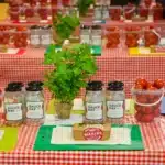 tomatoes, basil and jars on a tartan red tablecloth.