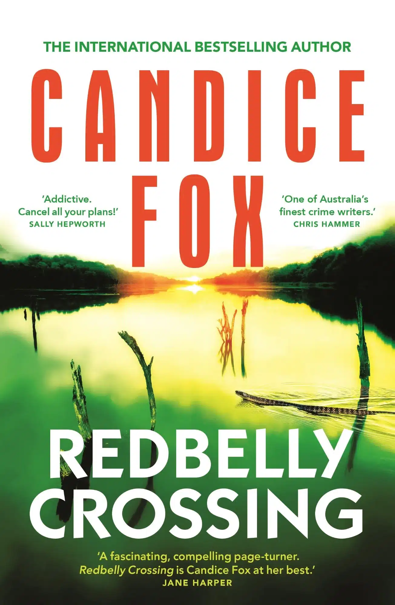 Book cover of Redbelly Crossing by Candice Fox, featuring a reflective river at sunset with dead trees and a crocodile, in green and gold tones