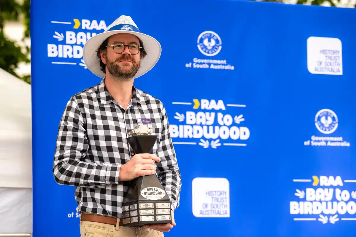 Dane Wilden at Bay to Birdwood with History Trust of South Australia signage