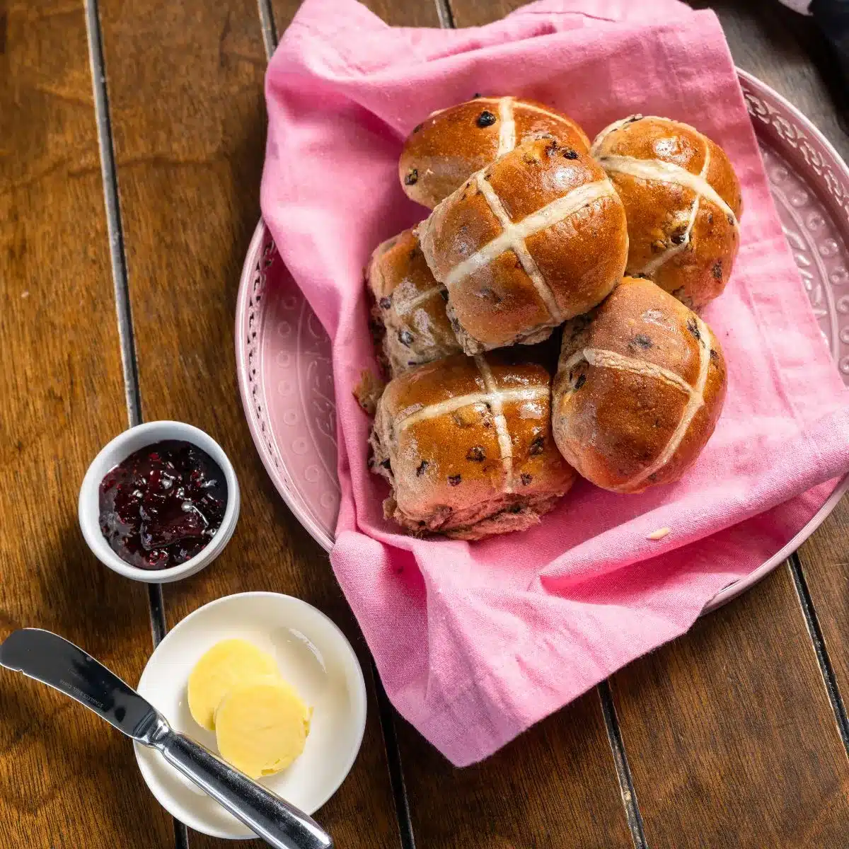The Village Baker, Adelaide - hot cross buns with butter and jam.