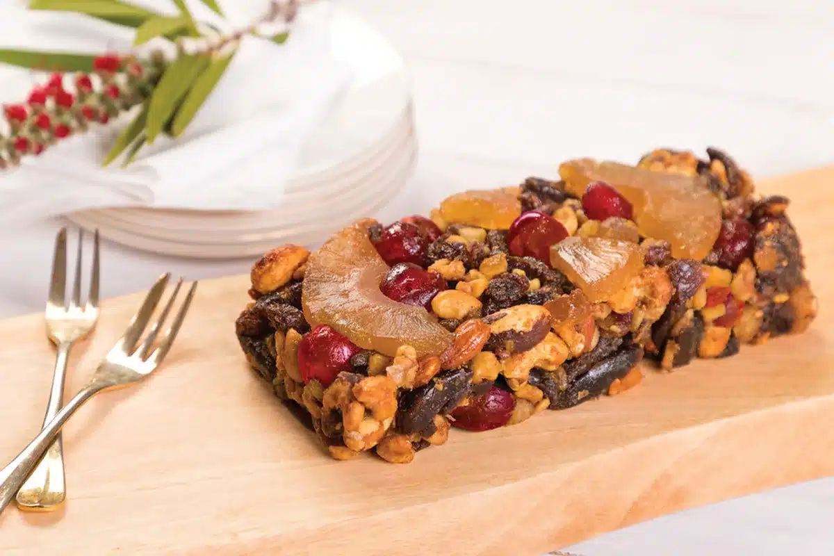 Traditional fruit cake and ingredients from Ditters Nuts representing South Australian baking heritage
