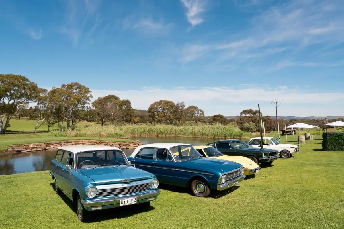A lineup of classic Australian vintage cars including a teal Holden station wagon and Ford Falcon sedan, parked on a green lawn beside a dam with gum trees and blue sky in the background