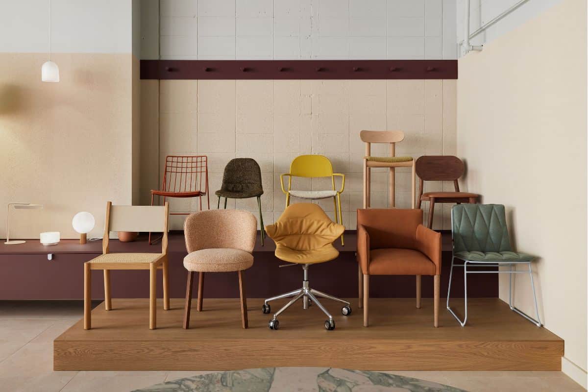 Jardan showroom, Adelaide displaying a selection of household chairs in an assortment of styles and colours.