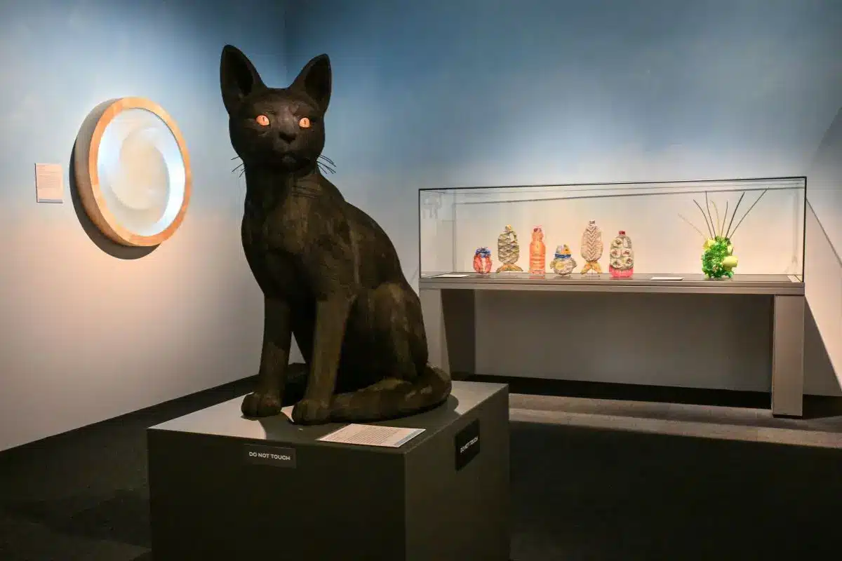 Black Cat sculpture by Abdul-Rahman Abdullah displayed at Waterhouse Natural Science Art Prize exhibition