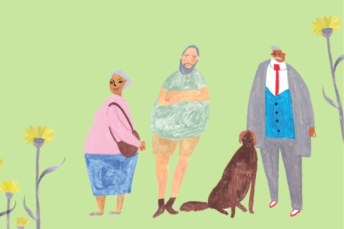 Illustration of three older adults standing together with a dog, representing ageing and community in a story about Forgotten Australians entering aged care.